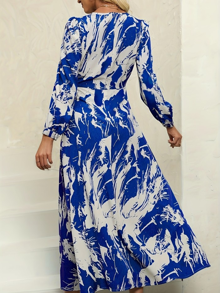 Tie Dye Print High Waist Dress, Elegant Long Sleeve Midi Dress, Women's Clothing