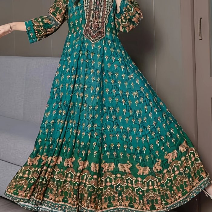 Ethnic Floral Pattern Maxi Dress, Boho Notched Neck 3\u002F4 Sleeve Dress, Women's Clothing
