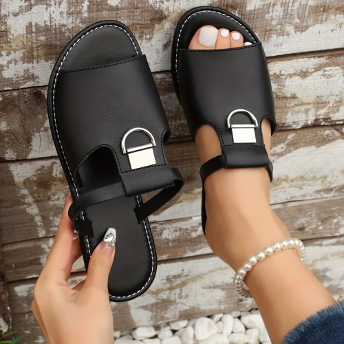 Women's Flat Slide Sandals, Fashionable Open Round Toe Non Slip Slides Shoes, Outdoor Beach Slides