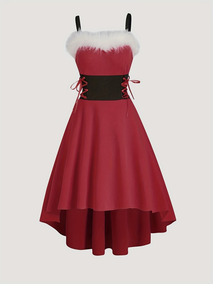 Christmas Faux Fur Trim Cami Dress, Lace Up High-low Backless Dress, Women's Clothing