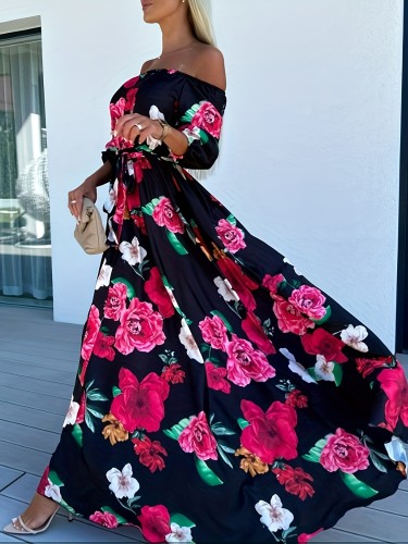 Floral Print Off-shoulder Dress, Elegant Tie-waist Maxi Length Dress For Spring & Summer, Women's Clothing