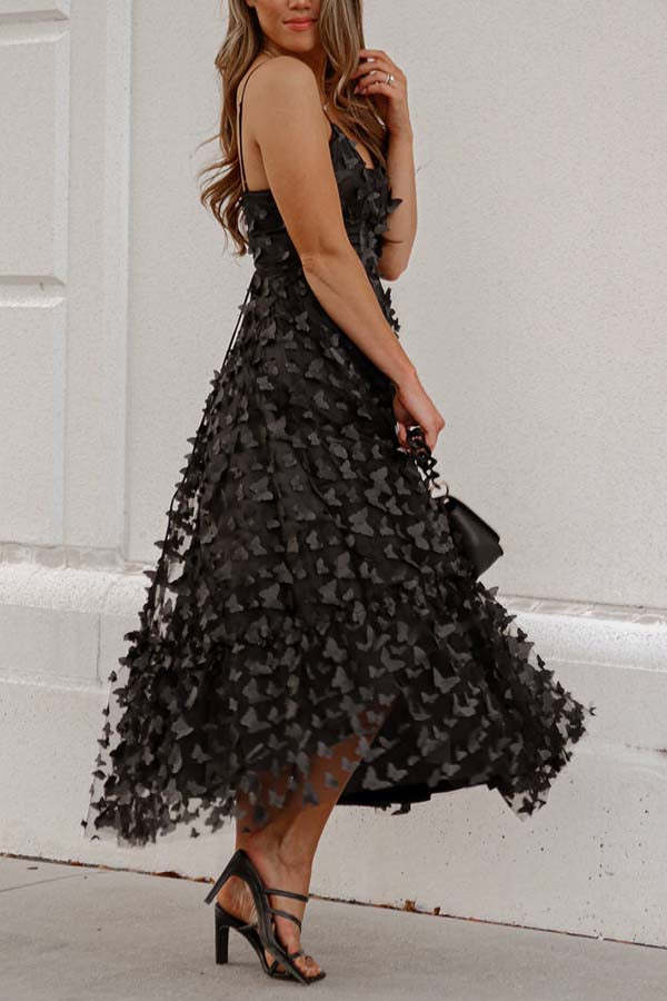 Applique Butterfly Tulle Lace-up Back Midi Dress