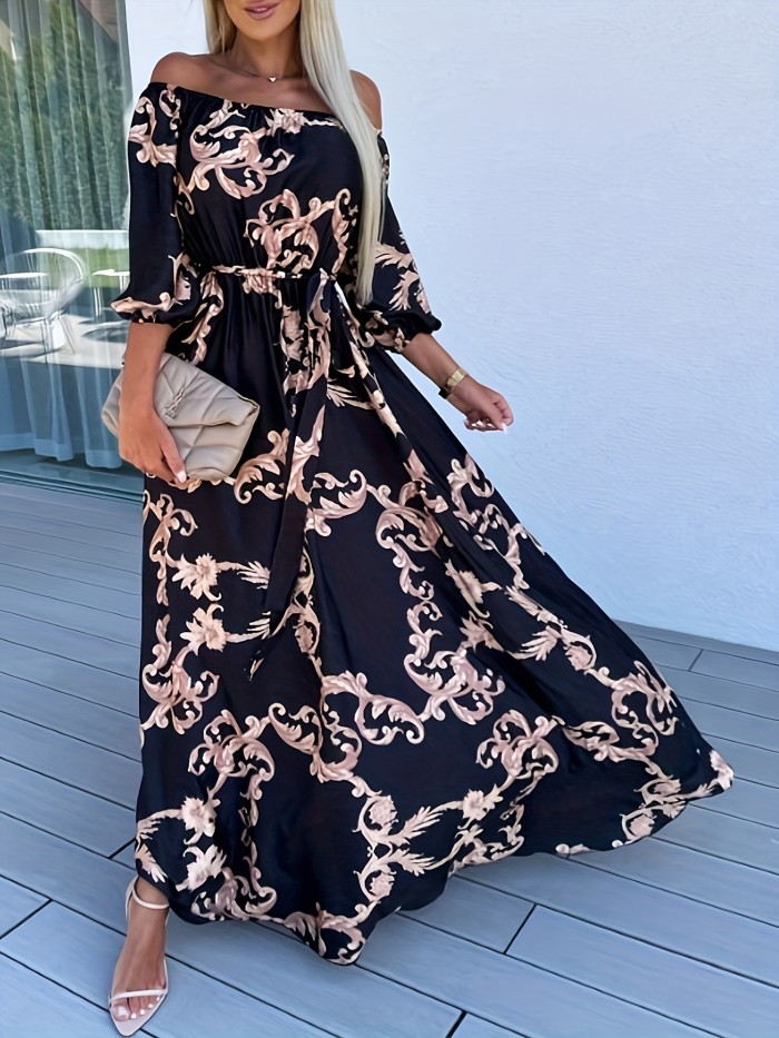 Floral Print Off-shoulder Dress, Elegant Tie-waist Maxi Length Dress For Spring & Summer, Women's Clothing