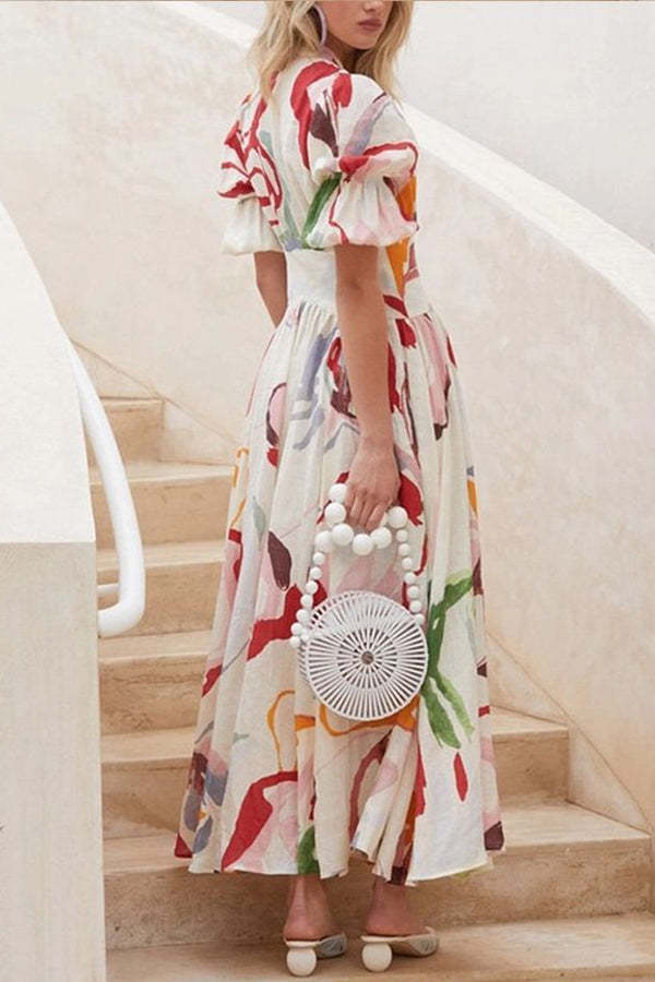 Watercolor Floral Printed Puff Sleeve Button Maxi Dress