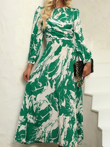 Tie Dye Print High Waist Dress, Elegant Long Sleeve Midi Dress, Women's Clothing