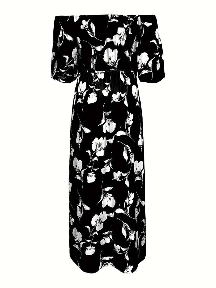 Plus Size Casual Dress, Women's Plus Floral Print Off Shoulder Bubble Sleeve Split Hem Slight Stretch Maxi Dress