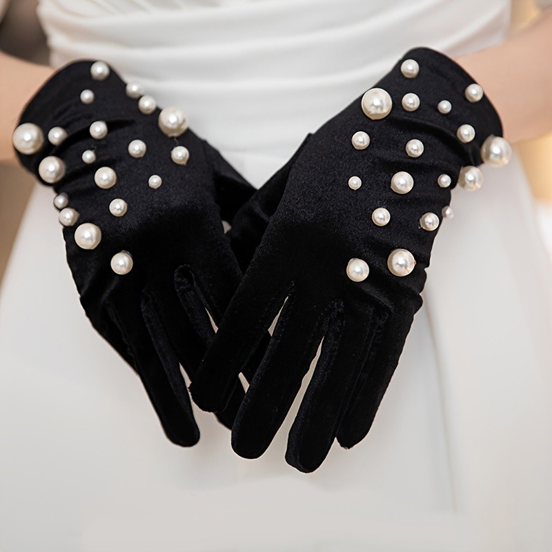 1pair Faux Pearl Decor Velvet Gloves, Winter Full Finger Cycling Driving Warm Mitten Elegant Vintage Gloves  For Women Wedding Party