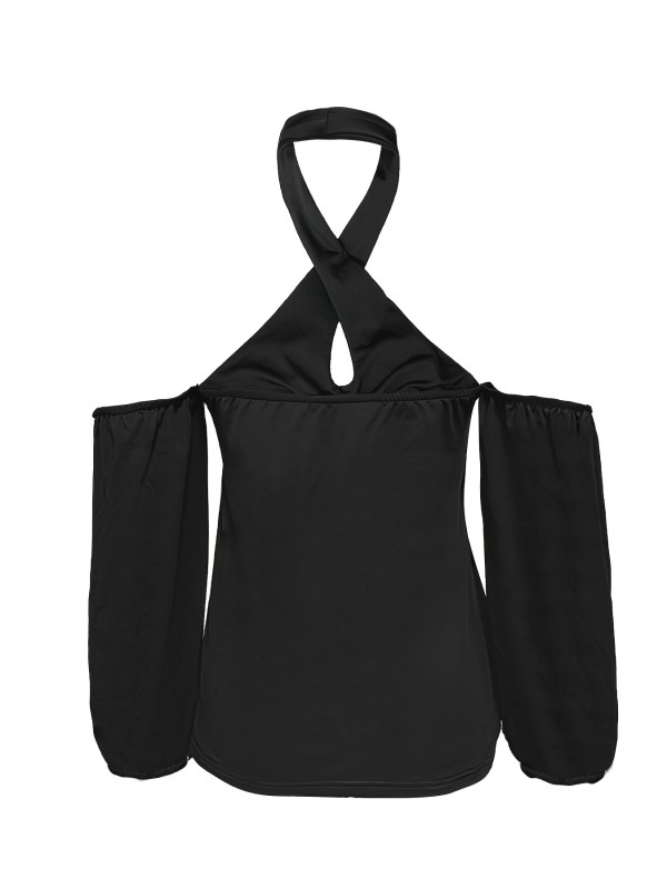 Solid Cut Out Cross Halter T-Shirt, Casual Loose T-Shirt For Spring & Fall, Women's Clothing