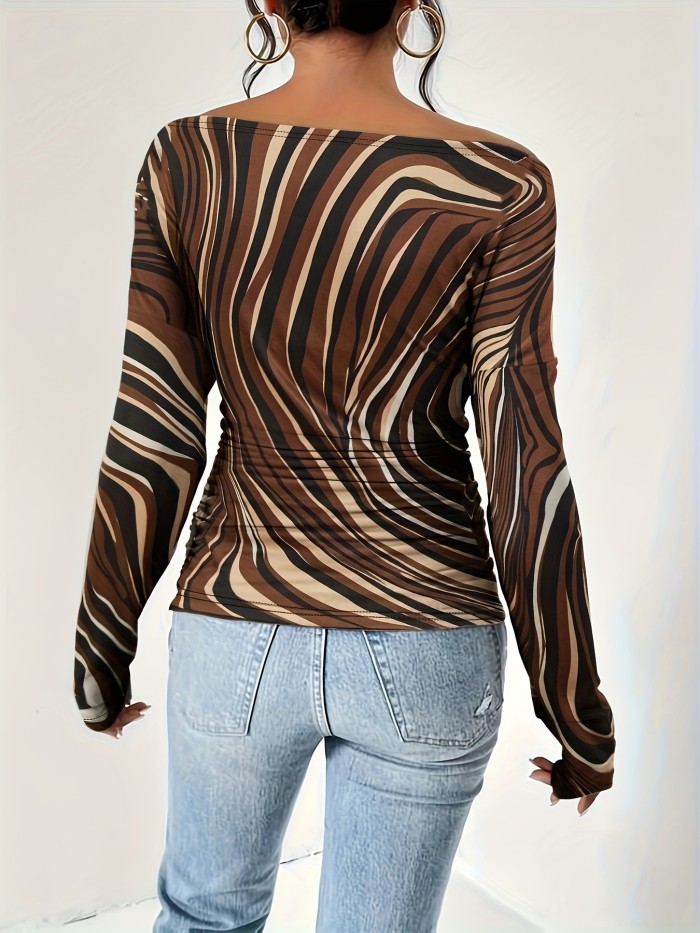 Striped Print Cold Shoulder  T-Shirt, Y2K Long Sleeve T-Shirt For Fall & Winter, Women's Clothing