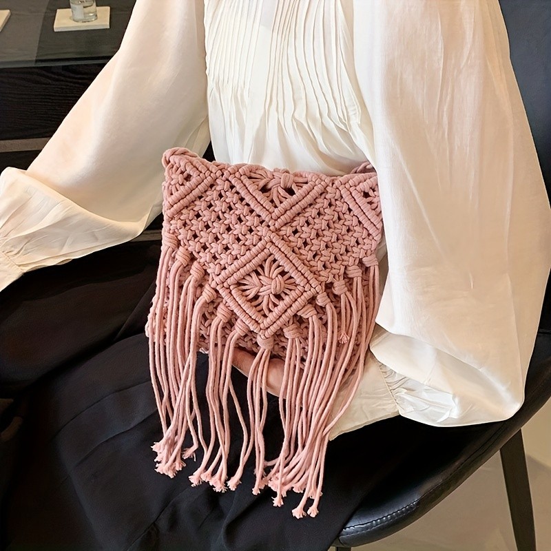 Tassel Crochet Crossbody Bag, Woven Straw Braided Beach Bag, Zipper Stylish Solid Color Shoulder Bag