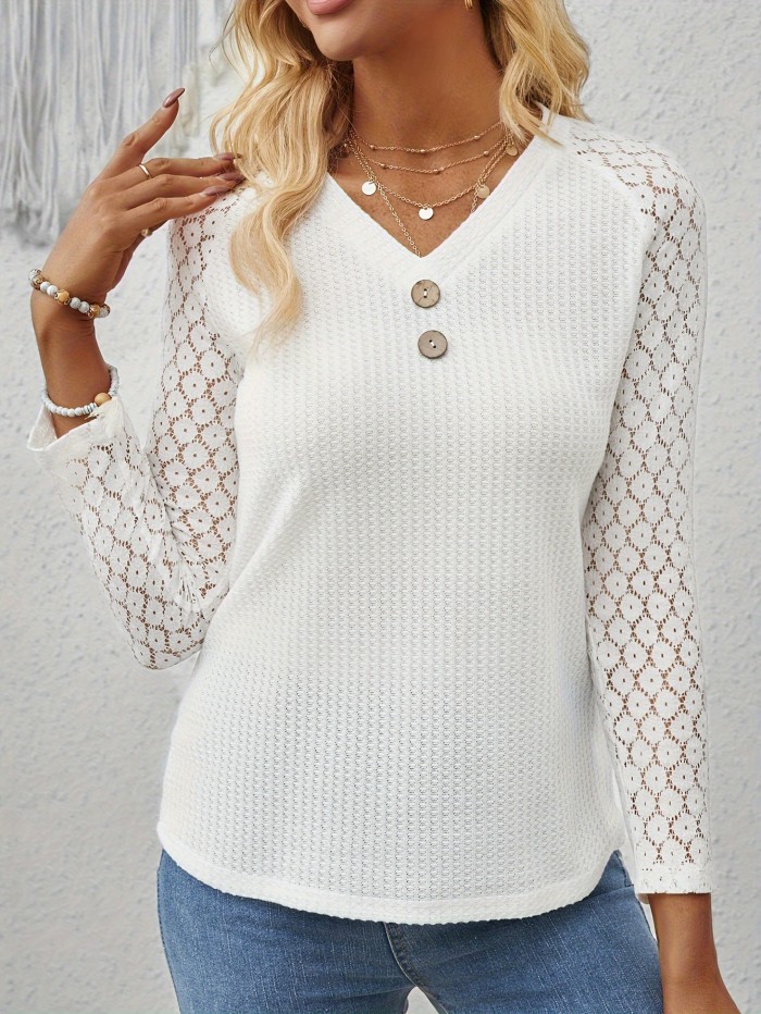Solid V Neck Contrast Lace T-shirt, Elegant Long Sleeve T-shirt For Spring & Summer, Women's Clothing
