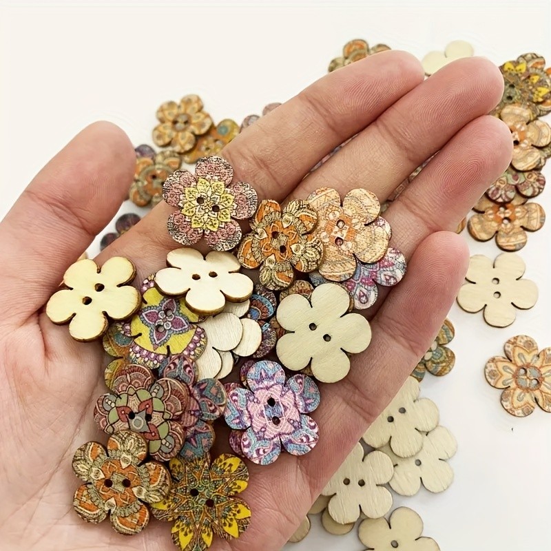 50pcs\u002Fpack Colored Drawing Retro Flowers Wooden Button DIY Handwork Sewing Decoration Buttons