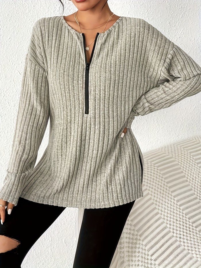 Solid Ribbed Half Zip T-shirt, Elegant Long Sleeve Split Top For Spring & Fall, Women's Clothing