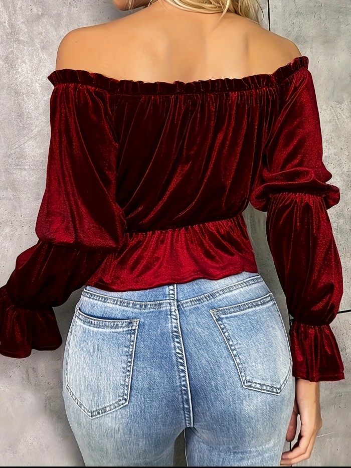 Solid Color Off Shoulder T-Shirt, Elegant Ruffled Trim Long Sleeve Crop T-Shirt For Spring & Fall, Women's Clothing