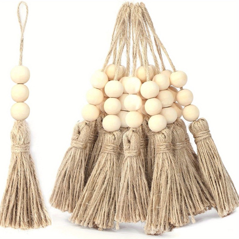 3 Pack Jute Rope Tassel With 3 Wood Beads, Hemp Rope Burlap Tassels For Christmas Tree DIY Craft Wood Beads Garland Project Wedding Home Party Decorations (Natural Color)