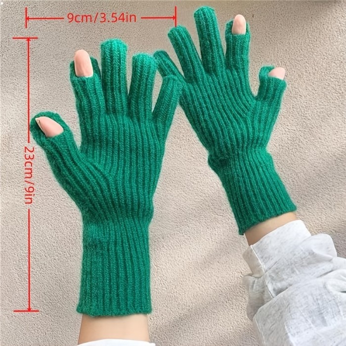 Solid Color Knitted Woolen Gloves Women Winter Cycling Thick Warm Gloves Couple Gift