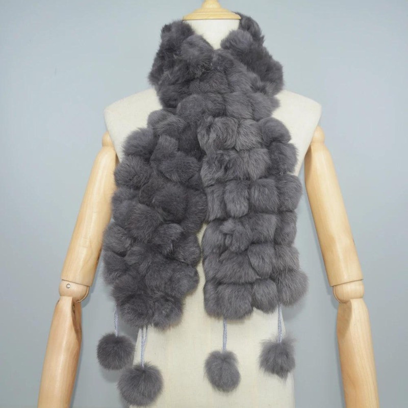 Boho Genuine Fur Scarf With Hanging Hairball Elegant Solid Color Soft Warm Neck Scarf Autumn Winter Stylish Windproof Elastic Fuzzy Scarf