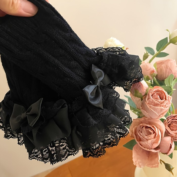 Multilayer Lace Twist Knit Gloves Elegant Lolita Decorative Fingerless Gloves Autumn Winter Soft Warm Matching Wrist Cover