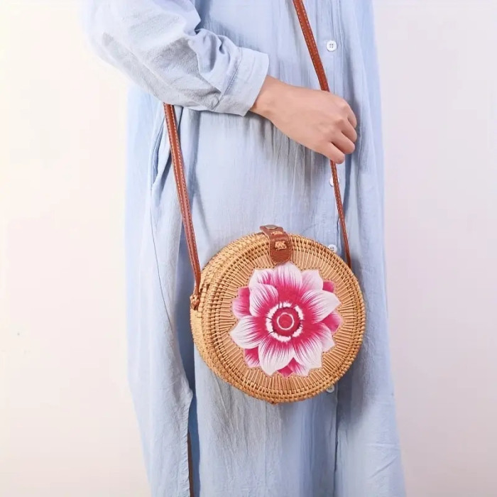 Round Rattan Woven Crossbody Bag, Shell Decor Summer Beach Bag, Handmade Shoulder Bag For Travel Vacation