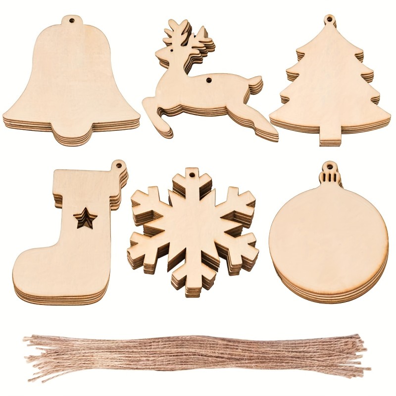 60pcs DIY Wooden Christmas Ornaments, Xmas Tree Hanging Wood DIY Art Crafts, 6-Designs Christmas Tree, Bells, Reindeer, Christmas Stockings, Snowflakes, Round, Wooden Christmas Ornaments For Christmas Crafts Decorations