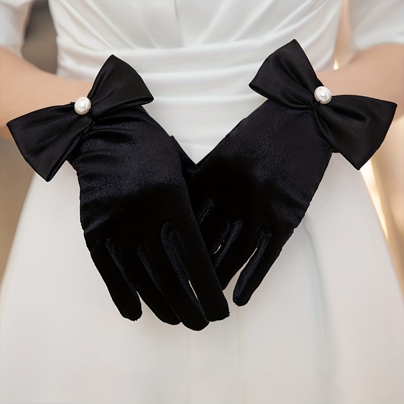 Elegant Glossy Black Gloves Pure White Faux Pearl Bow Decor Cuff Short Gloves Bride Wedding Dance Split Finger Velvet Gloves