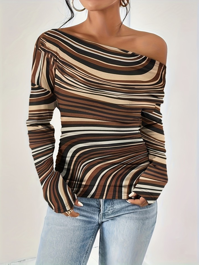 Striped Print Cold Shoulder  T-Shirt, Y2K Long Sleeve T-Shirt For Fall & Winter, Women's Clothing