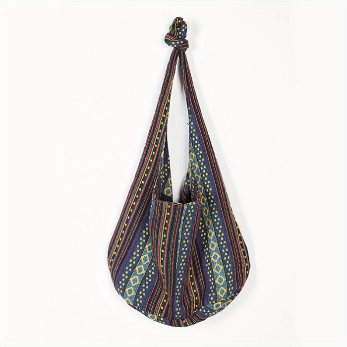 Vintage Striped Crossbody Bag, Boho Style Shoulder Bag, Large Capacity Canvas Travel Bag