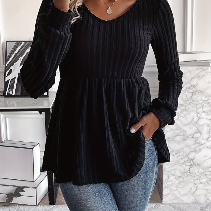 Solid V Neck Rib Knit T-shirt, Elegant Long Sleeve Ruffle Hem Top, Women's Clothing