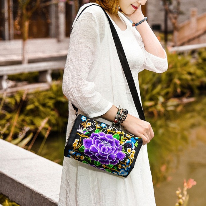 Double-sided Embroidery Crossbody Bag, Women's Three-Zip Shoulder Bag