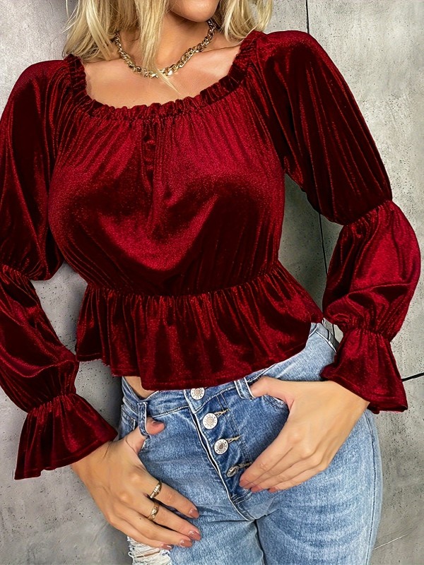 Solid Color Off Shoulder T-Shirt, Elegant Ruffled Trim Long Sleeve Crop T-Shirt For Spring & Fall, Women's Clothing