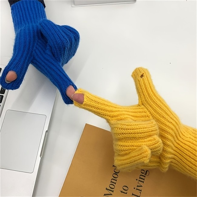 Solid Color Knitted Woolen Gloves Women Winter Cycling Thick Warm Gloves Couple Gift