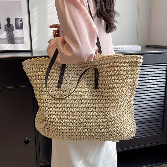 Straw Woven Large Capacity Tote Bag, Lightweight Shopping Zipper Shoulder Bag, Exquisite Summer Beach Handbag