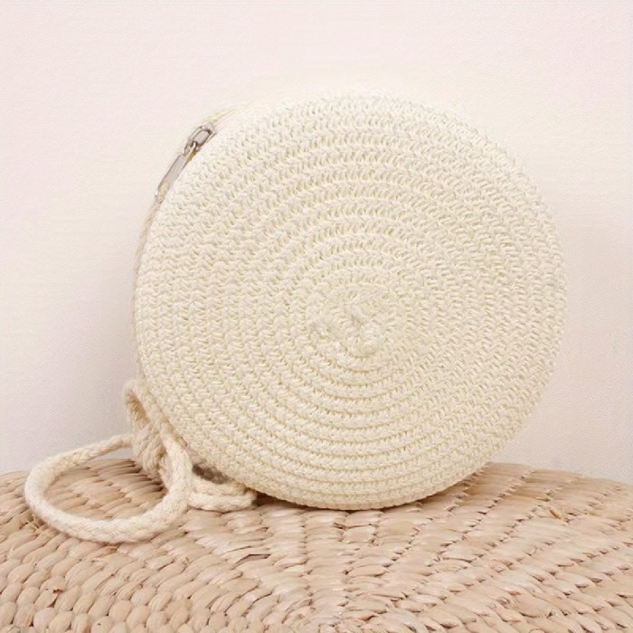 Mini Straw Woven Round Bag, Delicate Textured Crossbody Bag, Casual Holiday Summer Beach Shoulder Bag (6.3\
