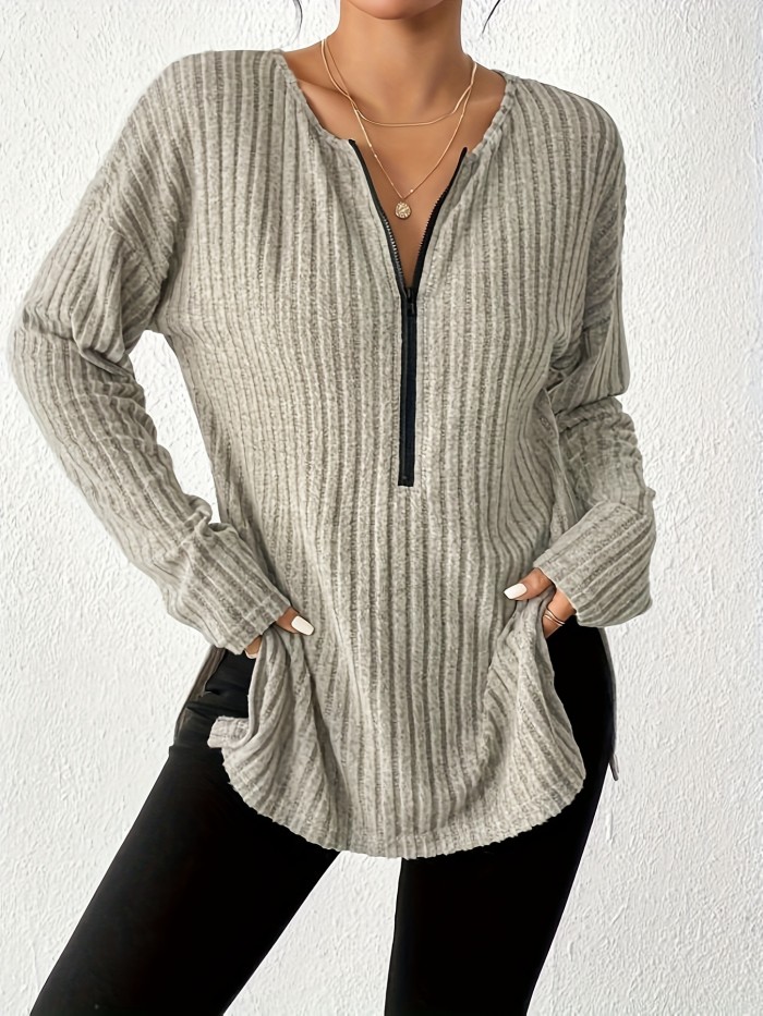Solid Ribbed Half Zip T-shirt, Elegant Long Sleeve Split Top For Spring & Fall, Women's Clothing