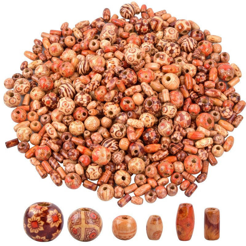 500Pcs Printed Wooden Beads Loose Wood Beads Mixed Size Shape Macrame Beads Large Hole Craft Beads For Making DIY Bracelet Necklace 2.5\u002F3\u002F4\u002F5\u002F6mm