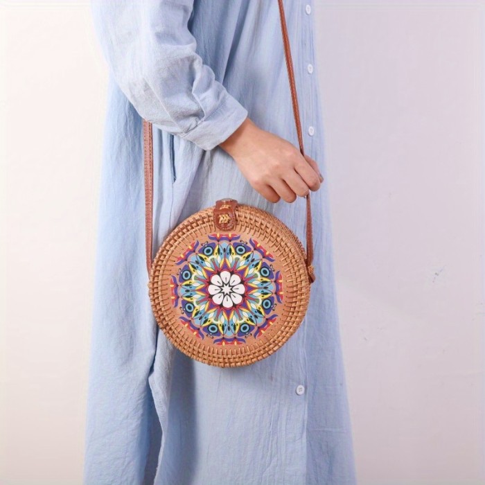 Round Rattan Woven Crossbody Bag, Shell Decor Summer Beach Bag, Handmade Shoulder Bag For Travel Vacation