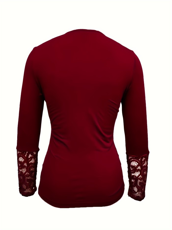 Chain Decor Contrast Lace T-Shirt, Elegant Long Sleeve T-Shirt For Spring & Fall, Women's Clothing
