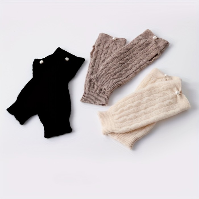 Velvet Wool Knitted Gloves Elegant Ribbed Fingerless Mitten Faux Pearl Decor Knit Gloves Solid Color Elastic Warm Gloves For Women