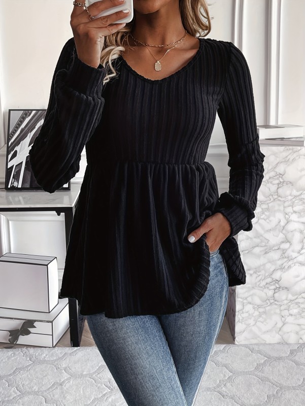 Solid V Neck Rib Knit T-shirt, Elegant Long Sleeve Ruffle Hem Top, Women's Clothing