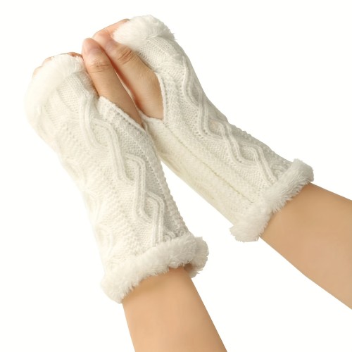 Velvet Lined Twist Knit Gloves Thickened Warm Fingerless Gloves  Autumn Winter Coldproof Riding Gloves