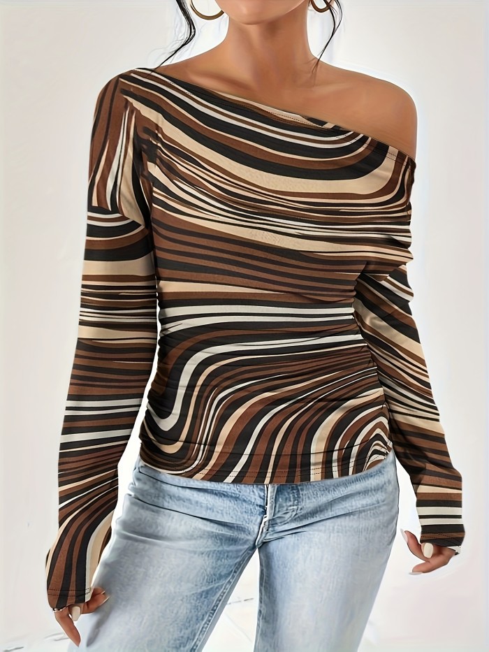 Striped Print Cold Shoulder  T-Shirt, Y2K Long Sleeve T-Shirt For Fall & Winter, Women's Clothing