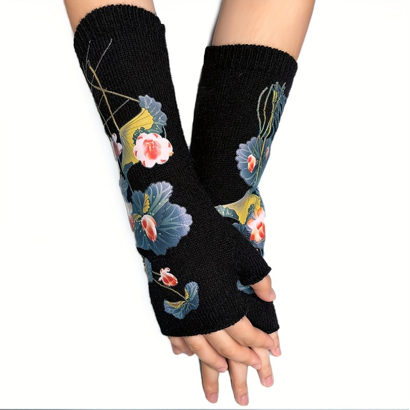 Lotus Pattern Knit Gloves Casual Fingerless Gloves With Thumb Hole Autumn Winter Coldproof Warm Versatile Arm Sleeves