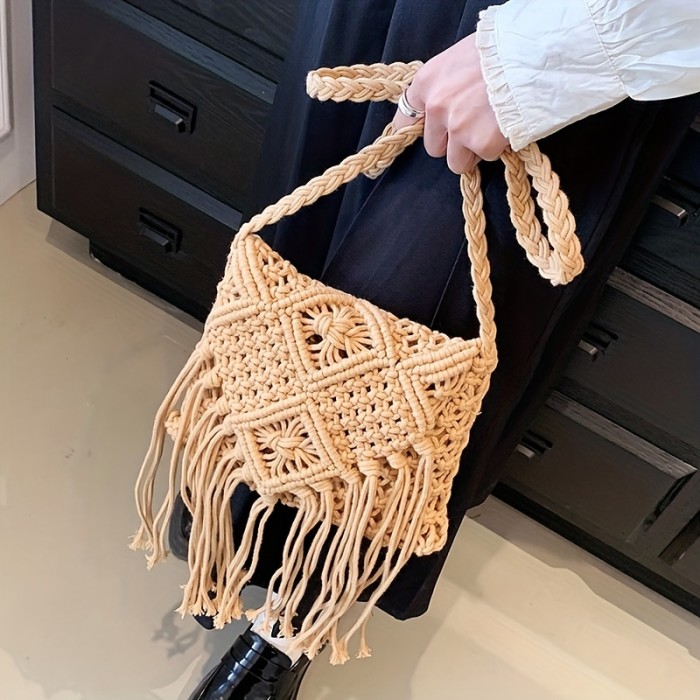 Tassel Crochet Crossbody Bag, Woven Straw Braided Beach Bag, Zipper Stylish Solid Color Shoulder Bag