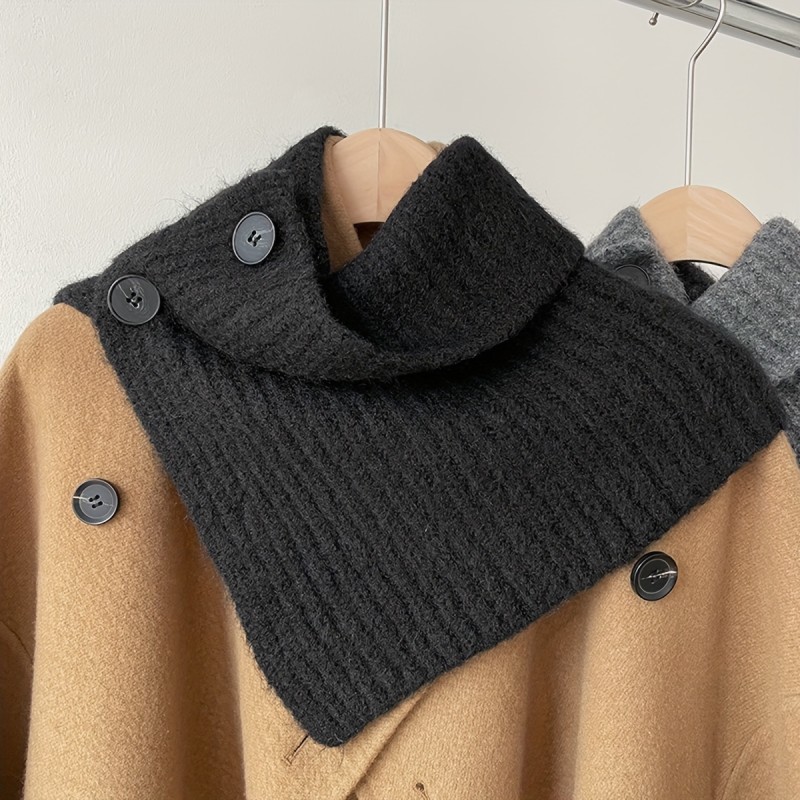 Stylish Knit Button Scarf Simple Solid Color Turtleneck Shawl Autumn Winter Coldproof Elastic Neck Scarf
