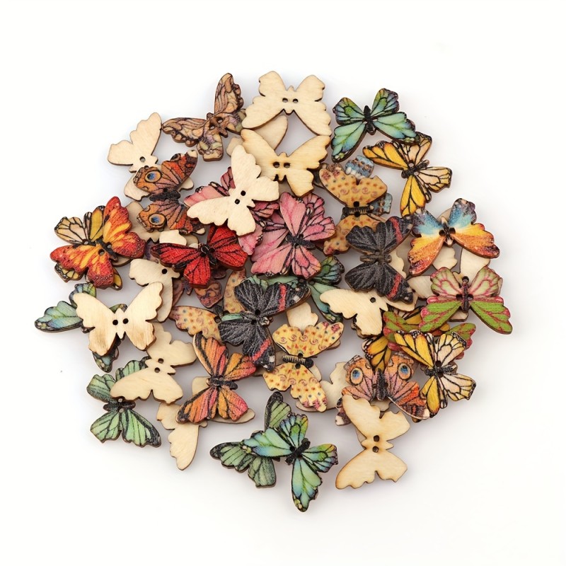 50pcs Wooden Colorful Butterfly Design Buttons With 2 Holes For DIY Handmade Fit Sewing And Scrapbook Buttons For Craft DIY Decoration