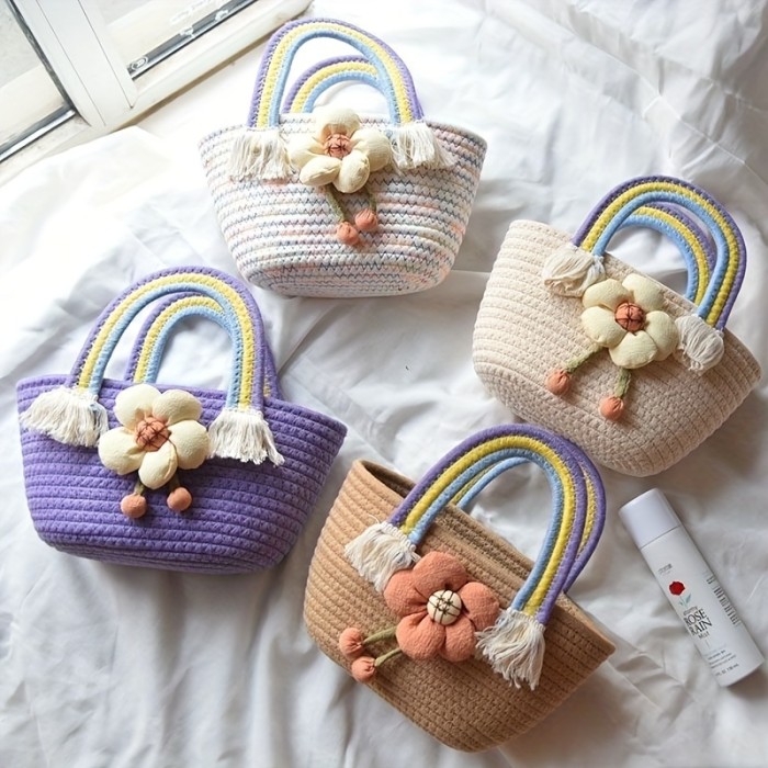 1pcs Rainbow Braided Bag, Cute Flower Decor Handbag, Tassel Decor Summer Beach Bag