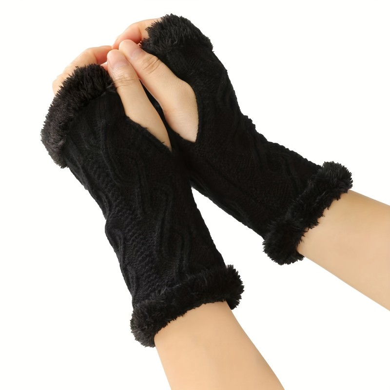 Velvet Lined Twist Knit Gloves Thickened Warm Fingerless Gloves  Autumn Winter Coldproof Riding Gloves