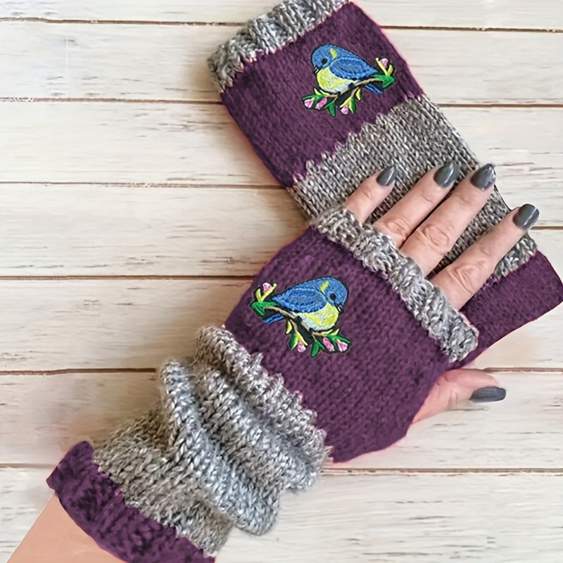 Cute Bird Embroidered Gloves Color Block Stretchy Knit Gloves Autumn Winter Warm Half Finger Female Gloves