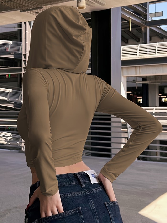 Solid Zipper Front Crop T-shirt, Versatile Long Sleeve Crop Top For Spring & Fall, Women's Clothing
