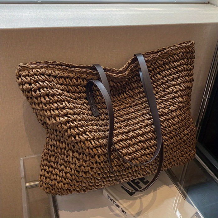 Straw Woven Large Capacity Tote Bag, Lightweight Shopping Zipper Shoulder Bag, Exquisite Summer Beach Handbag